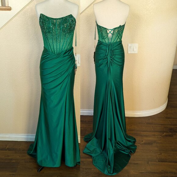 Emerald Green Sequin Strapless Corset Long Formal Prom Evening Dress 8 - Picture 2 of 5